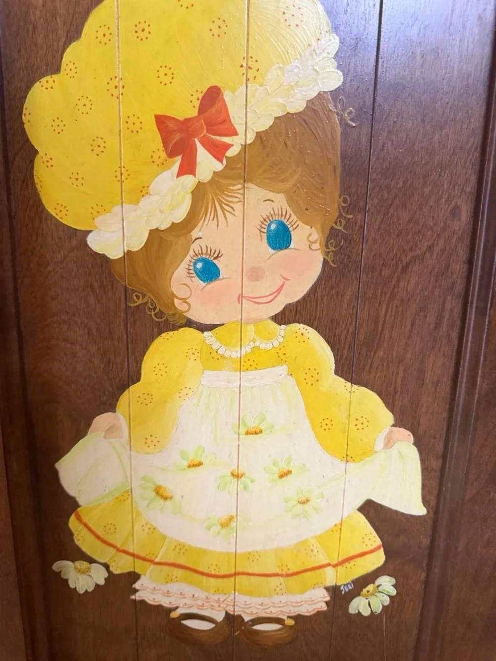 Vintage Yellow Floral Girl Painted Wood Wall Decor